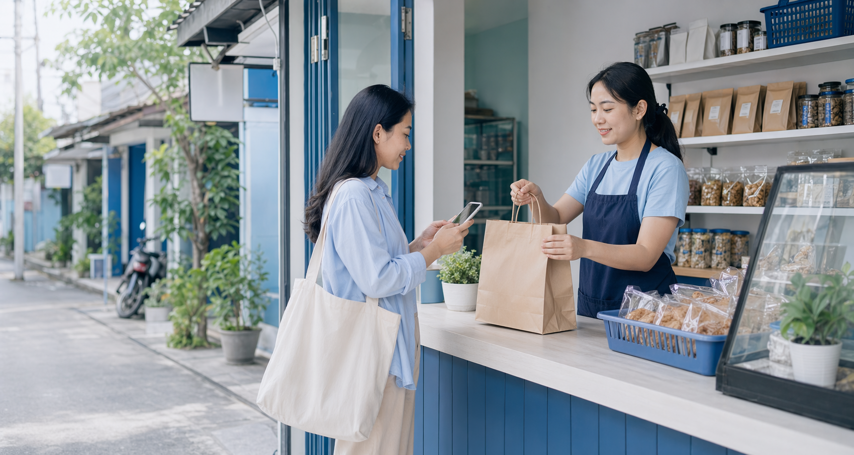 Pelanggan memesan lebih awal dari toko lokal sementara staf toko menyiapkan pesanan dengan rapi.