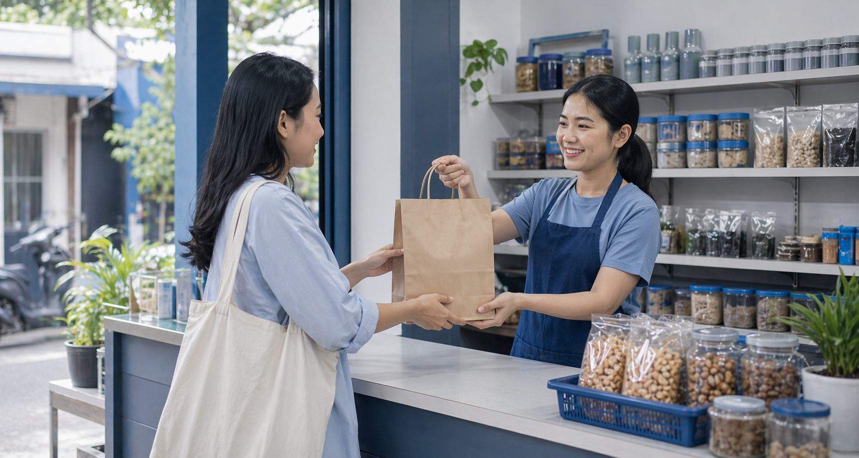 Momen pelanggan mengambil pesanan yang sudah siap dari toko lokal.