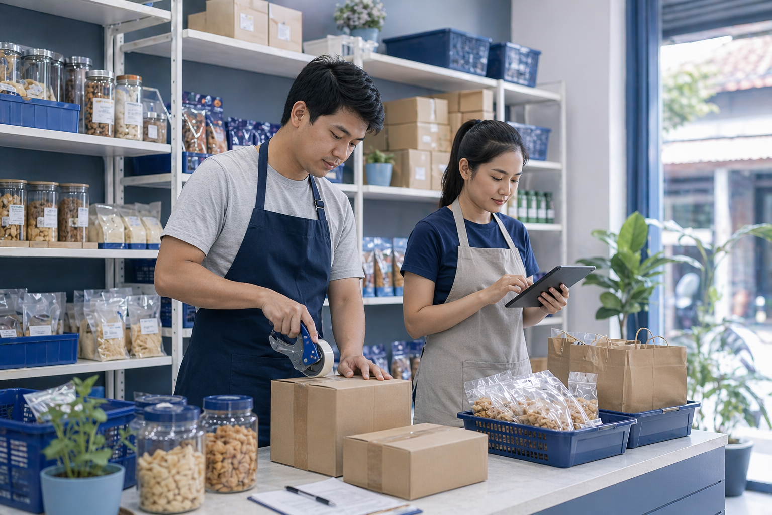 Staf toko lokal memantau katalog, stok, dan pesanan dari meja operasional.